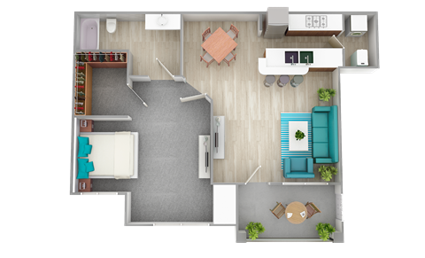 Floor plan for 1 bed, 1 bath, 834 sqft